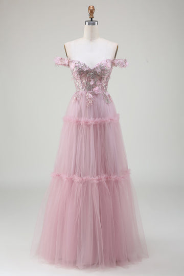 Pink A-Line Off the Shoulder Tulle Long Ball Dress with Appliques